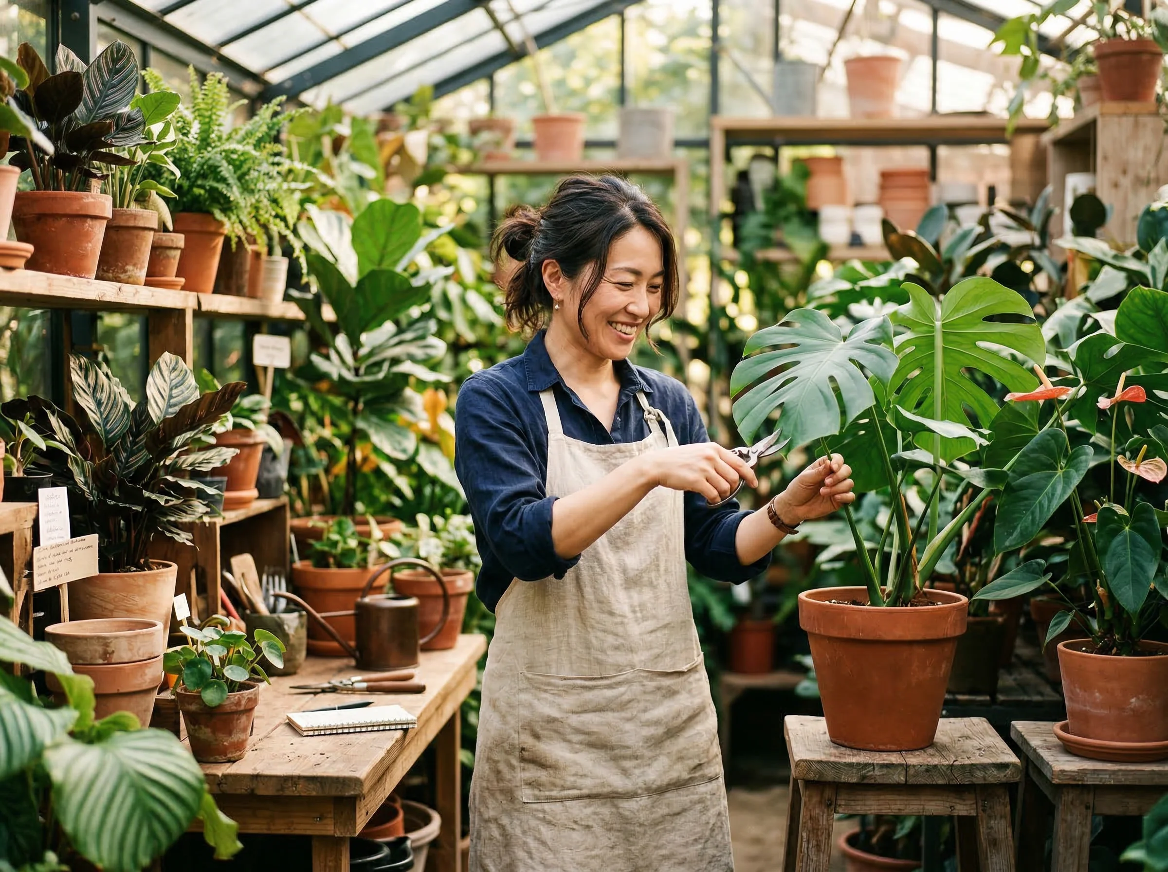 Our lead botanist carefully tending to a collection of rare indoor plants in our Nakameguro studio