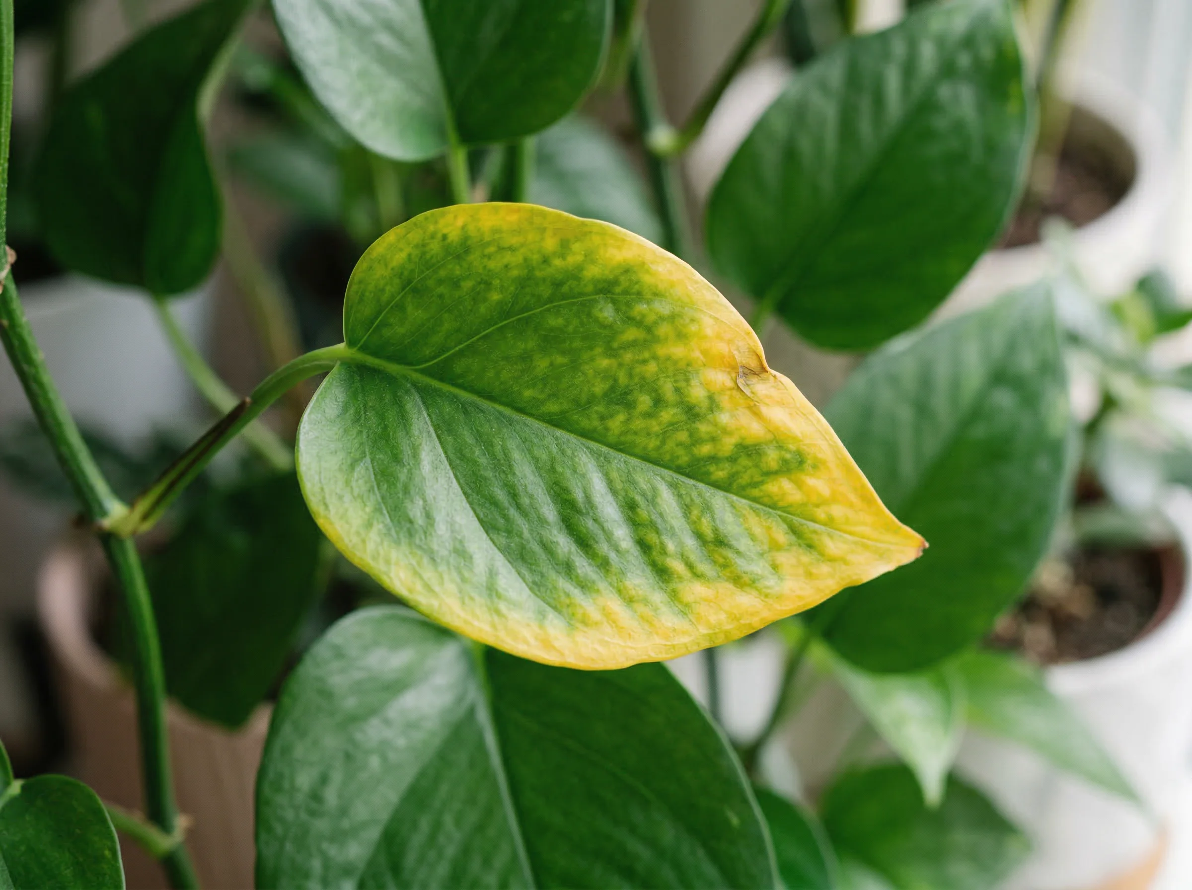 Indoor plant leaf showing gradual yellowing with healthy green portions still visible