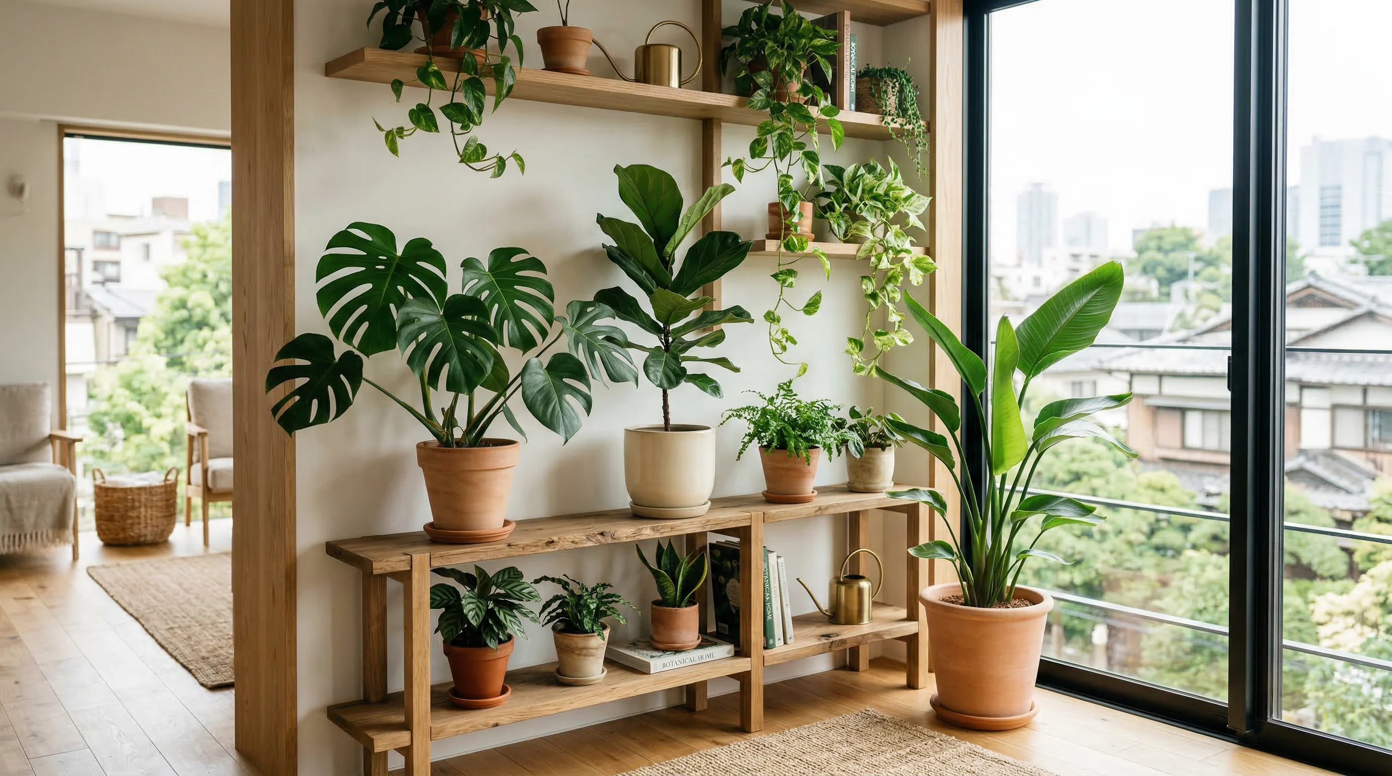 Curated indoor plant collection in a sunlit Tokyo apartment with monstera, fiddle leaf fig, and trailing pothos