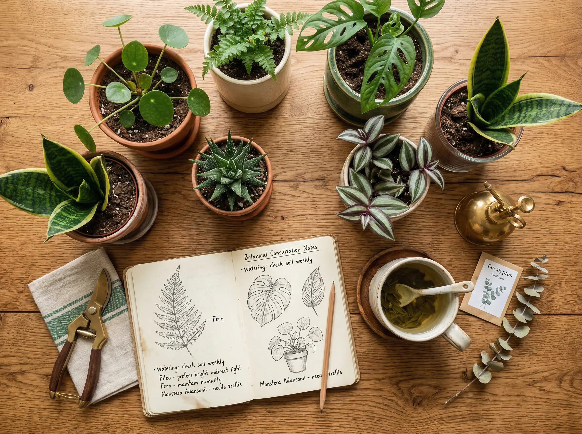 Botanical consultation setup with small plants, notebook with sketches, and green tea