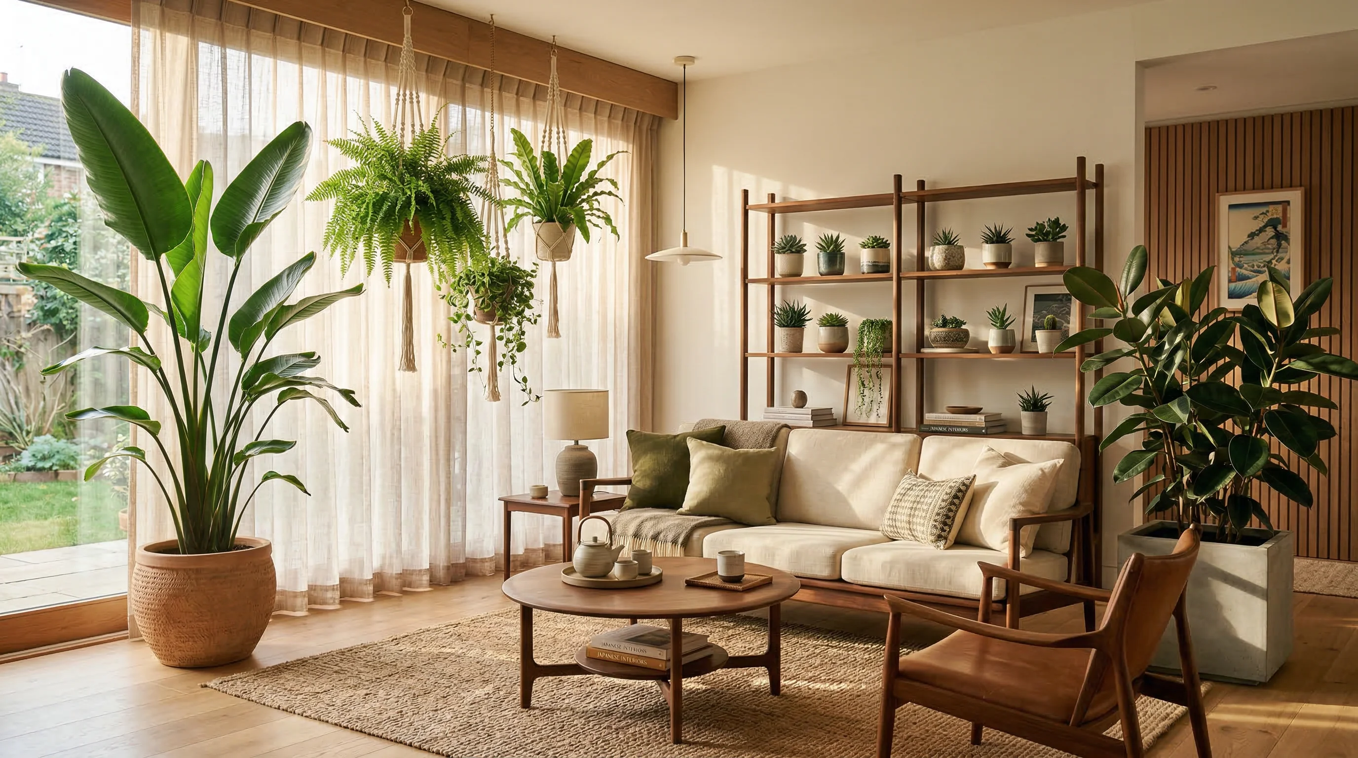 Modern living room styled with tropical indoor plants and mid-century furniture